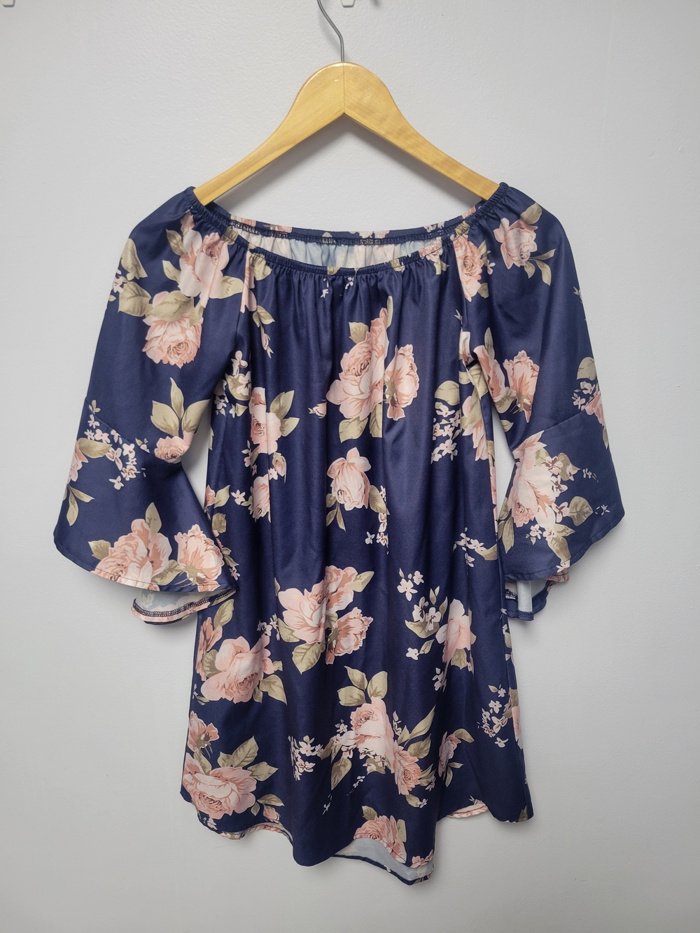 Floral Off-Shoulder Navy and Pink Bell Sleeve Dress